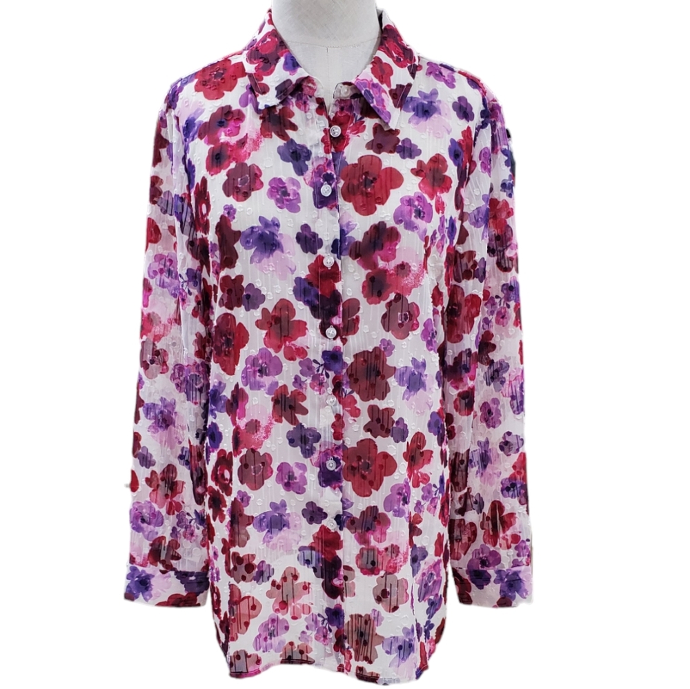Lemon Way sheer boho blouse women's large pink purple red floral textured tunic